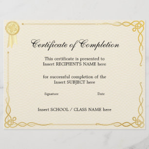 PAPIER CERTIFICAT D'ACHÈVEMENT