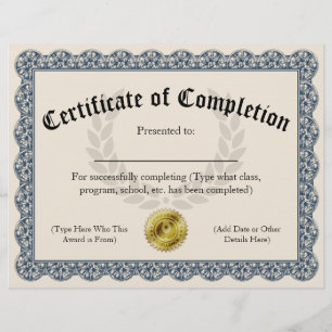Papier Certificat d'achèvement Blue personnalisable 8,5 x