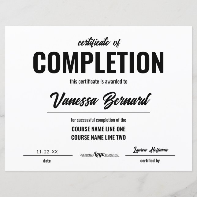 Papier Certificat D'Achèvement Cours Award Script Gras (Devant)