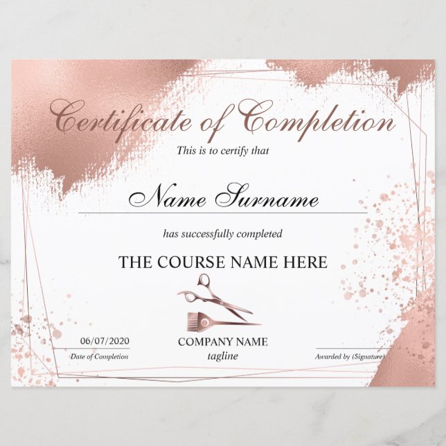 Papier Certificat d'achèvement Cours de coiffure (Devant)