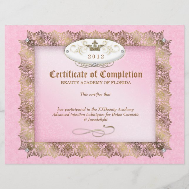 Papier Certificat d'achèvement Diplôme Beauté rose (Devant)