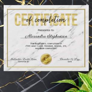 Papier Certificat d'achèvement du cours de marbre d'or