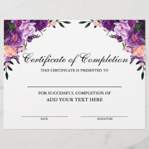 Papier Certificat d'achèvement floral pourpre