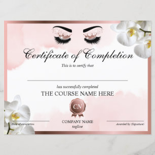 Papier Certificat d'achèvement Lashes Achèvement du cours