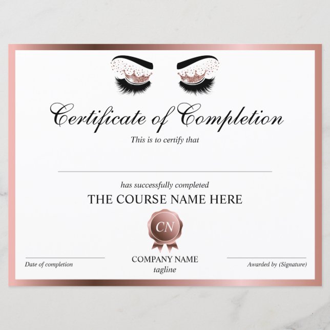 Papier Certificat d'achèvement Lashes Achèvement du cours (Devant)