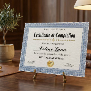 Papier Certificat d'Achèvement Moderne Élégant Bleu et Or
