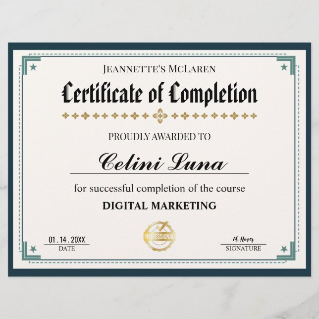 Papier Certificat d'achèvement moderne en noir et or (Devant)