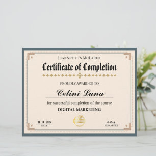 Papier Certificat d'achèvement moderne vert et or