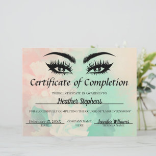 Papier Certificat d'achèvement Prix Lash Tech Pastel