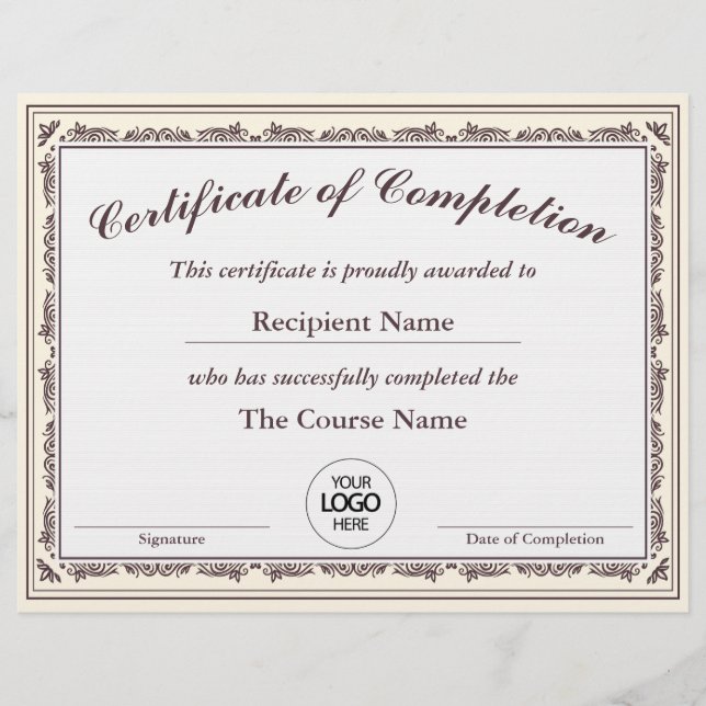 Papier Certificat d'achèvement Prix personnalisable (Devant)