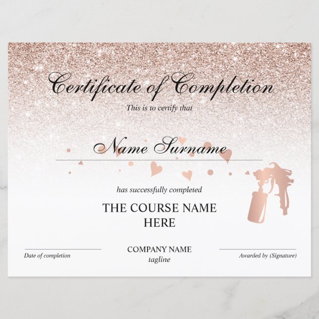 Papier Certificat d'achèvement Prix Spray Tans Cours (Devant)
