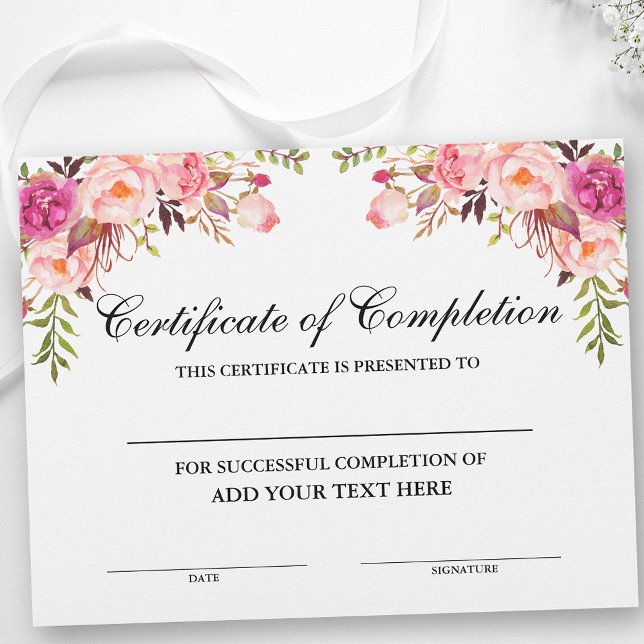 Papier Certificat d'achèvement rose floral - Votre texte (Customize to change text size, text style or text color.)