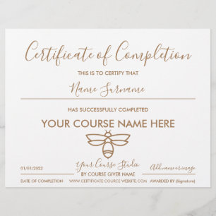 Papier certificat d'achèvement rucher abeille à miel