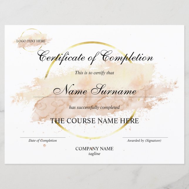 Papier Certificat d'achèvement unique du logo du cours (Devant)