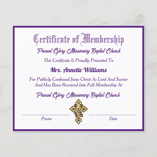 Papier Certificat d'adhésion à l'église (Devant)