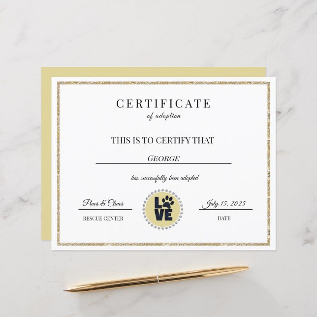 Papier Certificat d'adoption animale (Devant/Arrière en situation)