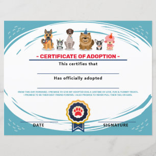 Papier certificat d'adoption de chiot d'anniversaire sur 