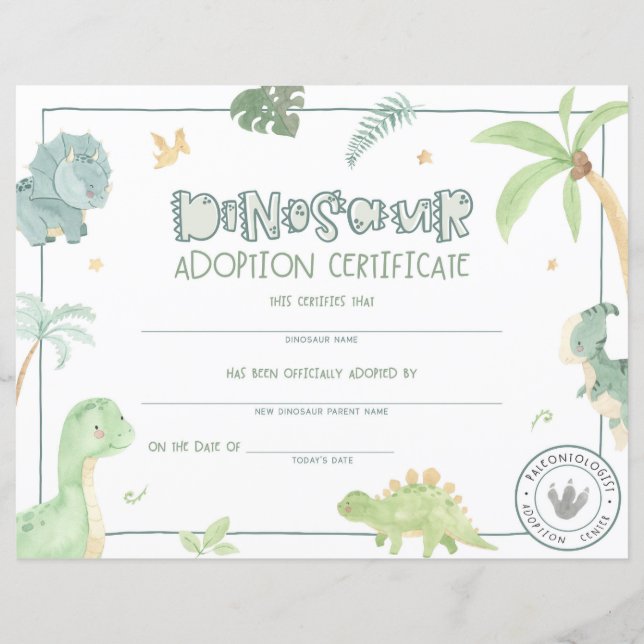 Papier Certificat d'adoption de dinosaure (Devant)