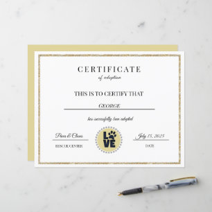 Papier Certificat d'adoption d'un animal