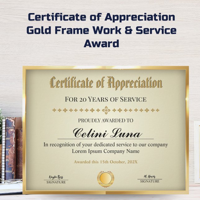 Papier Certificat d'années de service - Or professionnel (Certificate of Appreciation - Gold Frame Work & Service Award)
