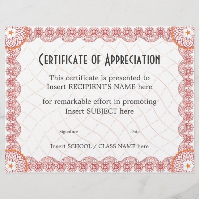 PAPIER CERTIFICAT D'APPRÉCIATION (Devant)