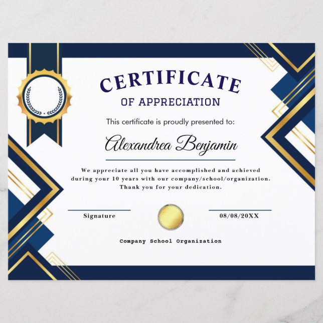 Papier Certificat d'appréciation (Devant)