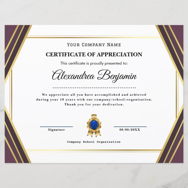 Papier Certificat d'appréciation (Devant)