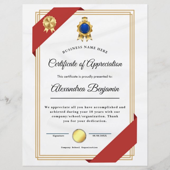 Papier Certificat d'appréciation (Devant)