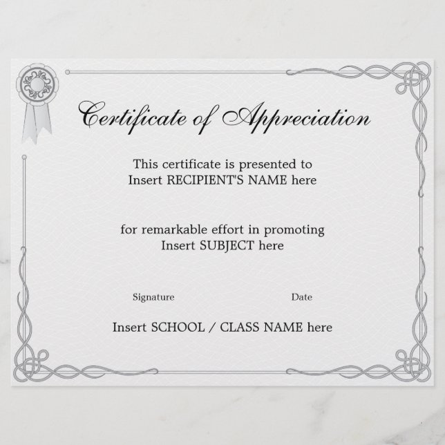 PAPIER CERTIFICAT D'APPRÉCIATION (Devant)