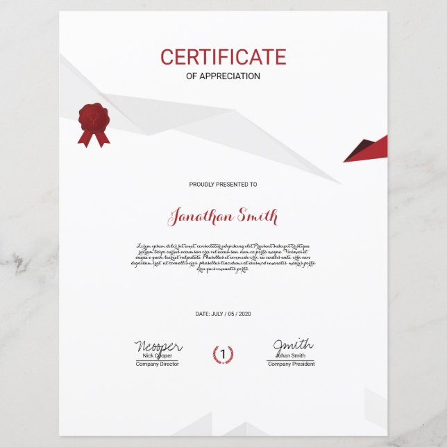 Papier Certificat D'Appréciation (Devant)