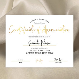 Papier Certificat d'appréciation de la médaille d'or Faux