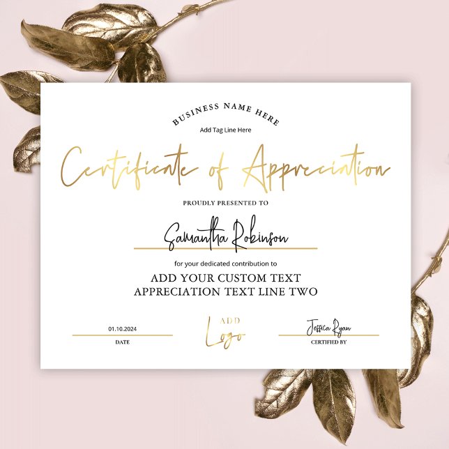 Papier Certificat d'appréciation Gold Logo Diplôme Award (Elegant white and gold Certificate of Appreciation award with space for your logo and custom text)