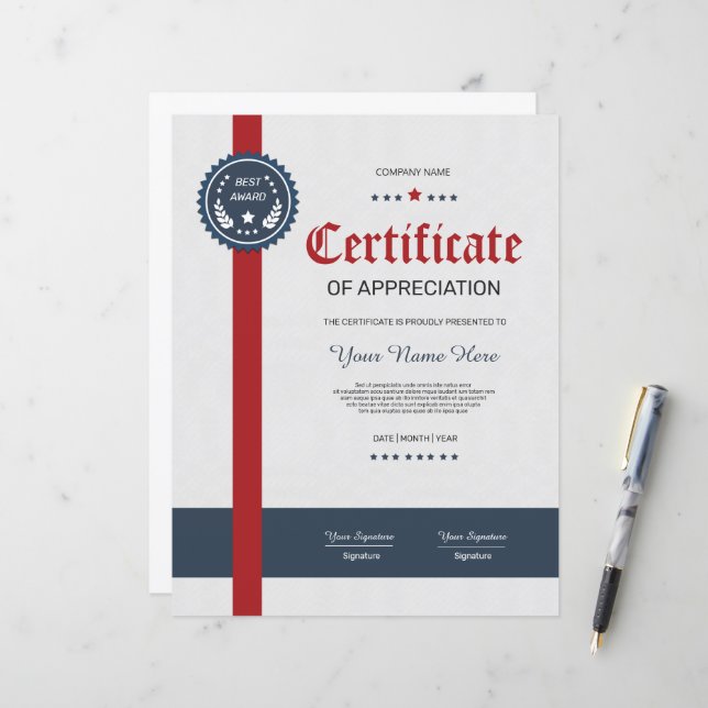 Papier Certificat D'Appréciation Imprimable (Devant/Arrière en situation)