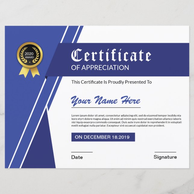 Papier Certificat D'Appréciation Imprimable (Devant)