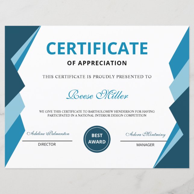 Papier Certificat d'appréciation imprimable (Devant)