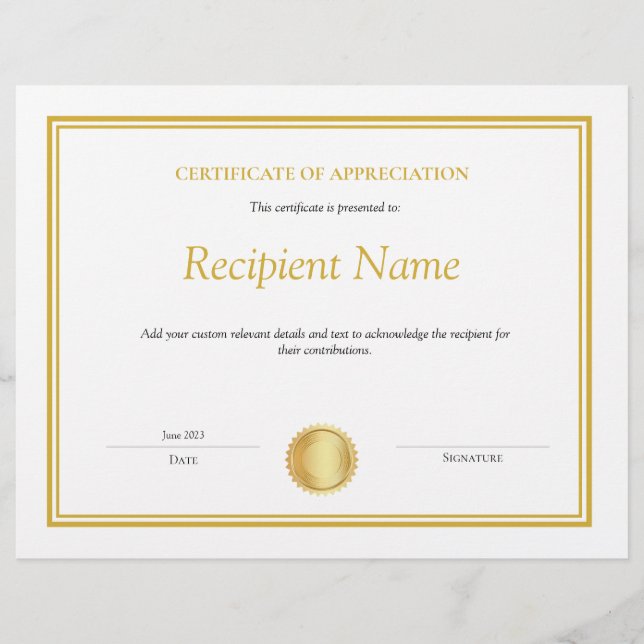 Papier Certificat d'appréciation modifiable (Devant)
