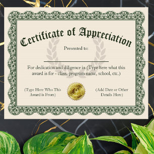 Papier Certificat d'appréciation, personnalisable 8,5x11