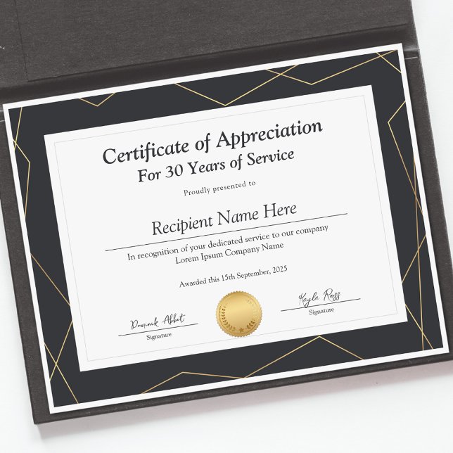Papier Certificat d'appréciation pour années de service (Certificate of Appreciation for Years of Service)