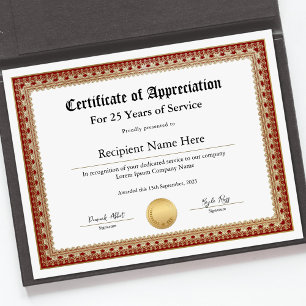 Papier Certificat d'appréciation pour années de service