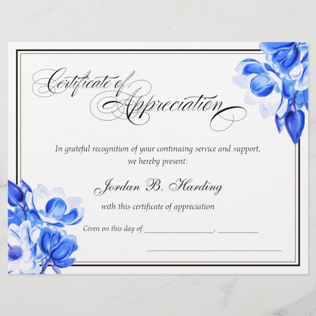 Papier Certificat d'appréciation Prix Floral bleu (Devant)