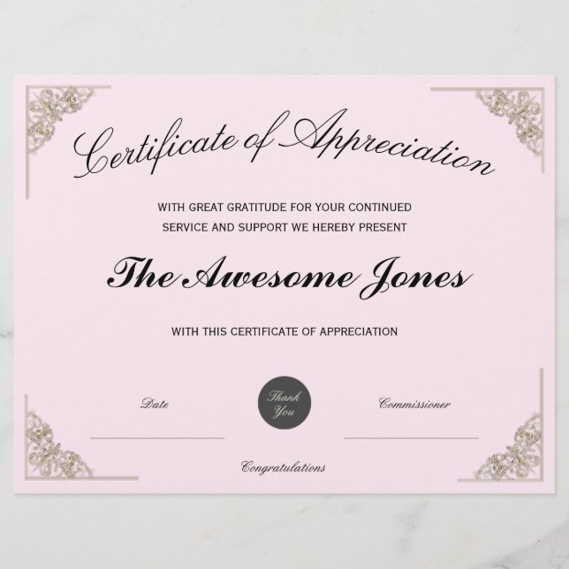 Papier Certificat d'appréciation rose avec logo personnal (Devant)