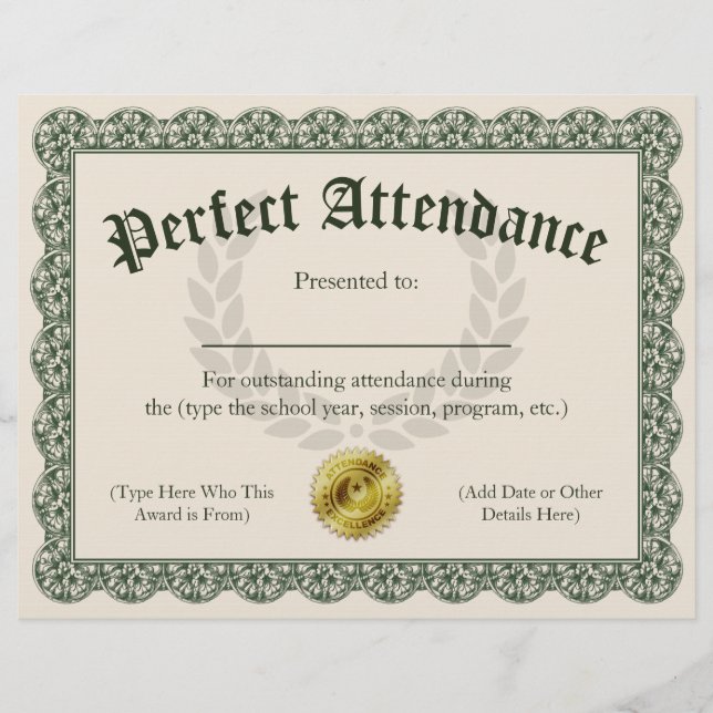 Papier Certificat d'assiduité parfait personnalisable 8,5 (Devant)
