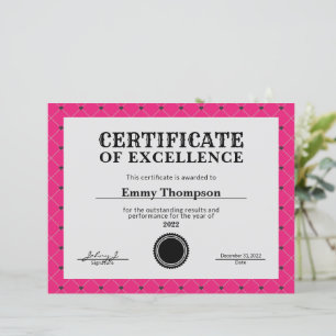 Papier Certificat d'attribution de la société Hot Pink Ma