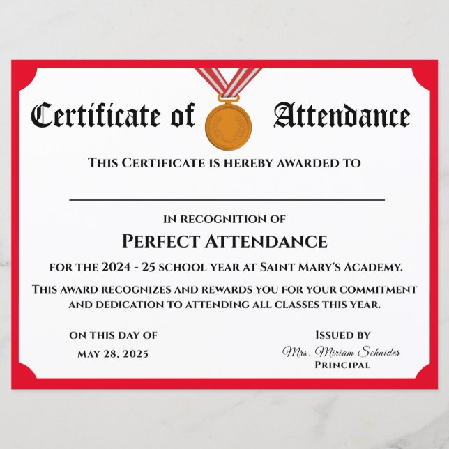 Papier Certificat d'attribution d'une présence parfaite p (Devant)