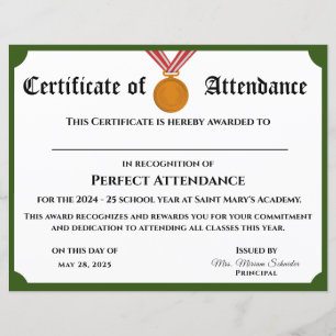 Papier Certificat d'attribution d'une présence parfaite p