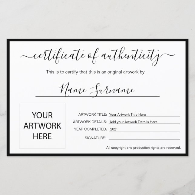 Papier Certificat d'authenticité (Devant)