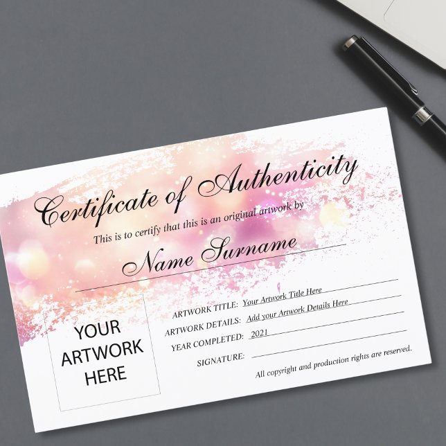 Papier Certificat d'authenticité (modern blush art brush stroke certificate of authenticity for your artwork)