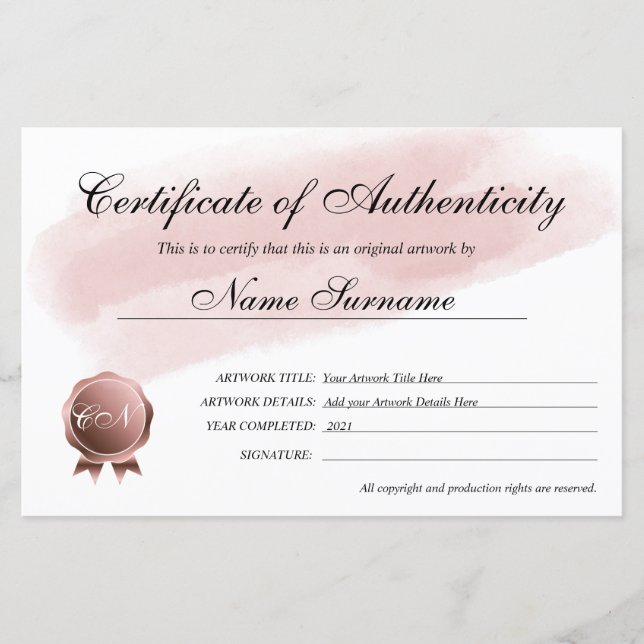 Papier Certificat d'authenticité (Devant)