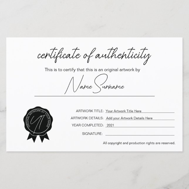 Papier Certificat d'authenticité minimaliste simple (Devant)