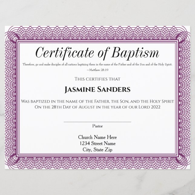 Papier Certificat de baptême de la frontière violette (Devant)